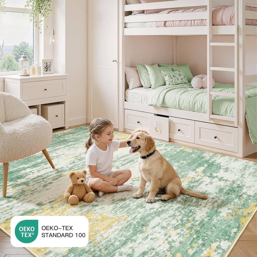 5x7 Area Rug for Living Room, Abstract Washable Non-Slip Rugs, Light Green