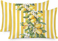 Yellow Lemon Stripes Pillow Cases Standard Size Set of 2, Summer Spring Fruit Flowers Leaves Satin Pillowcase with Zipper for Hair/Skin, Decorative Pillow Covers for Bed/Couch/Sofa, 20x26 Inches