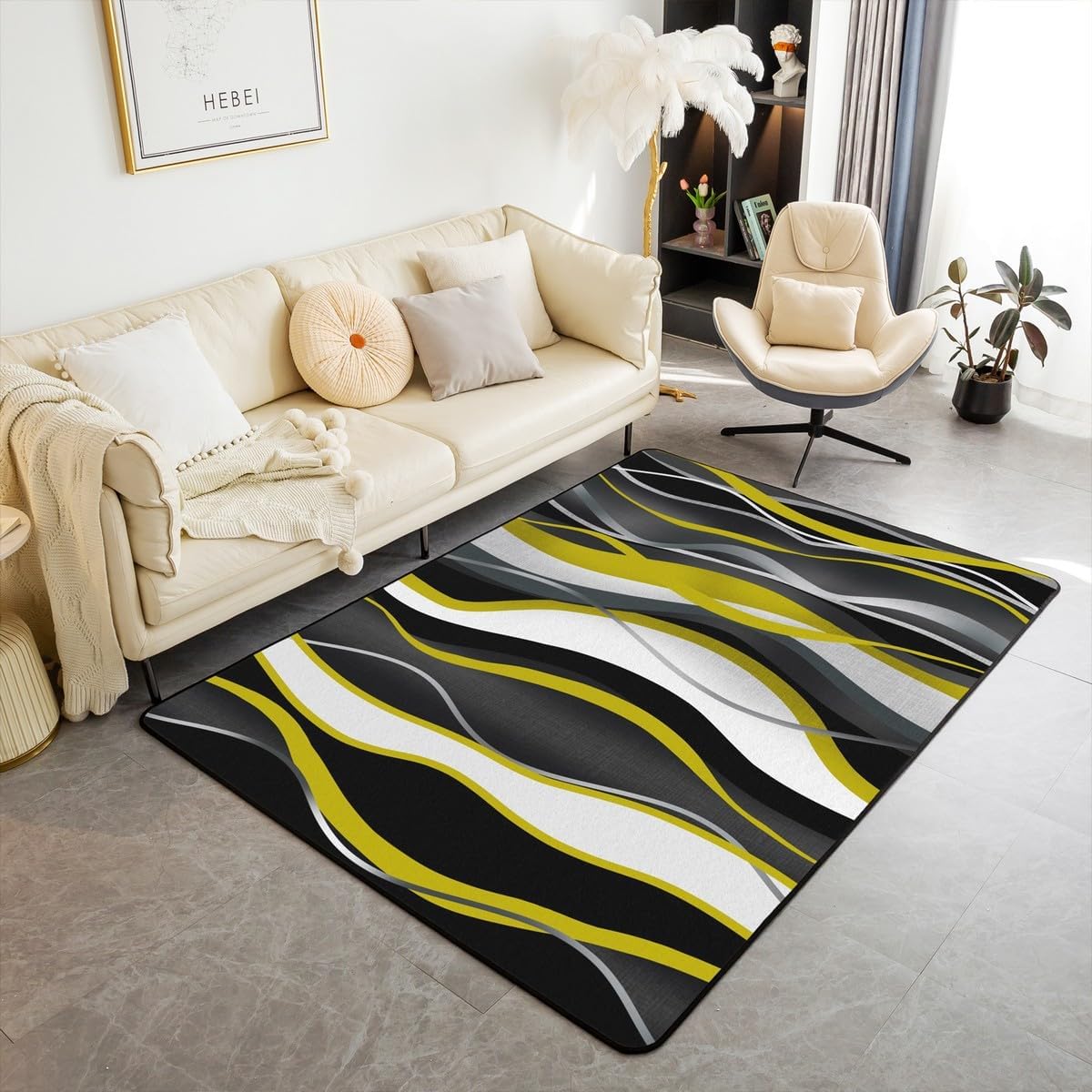 Geometric White Yellow Area Rug Bedroom Living Room 3x5