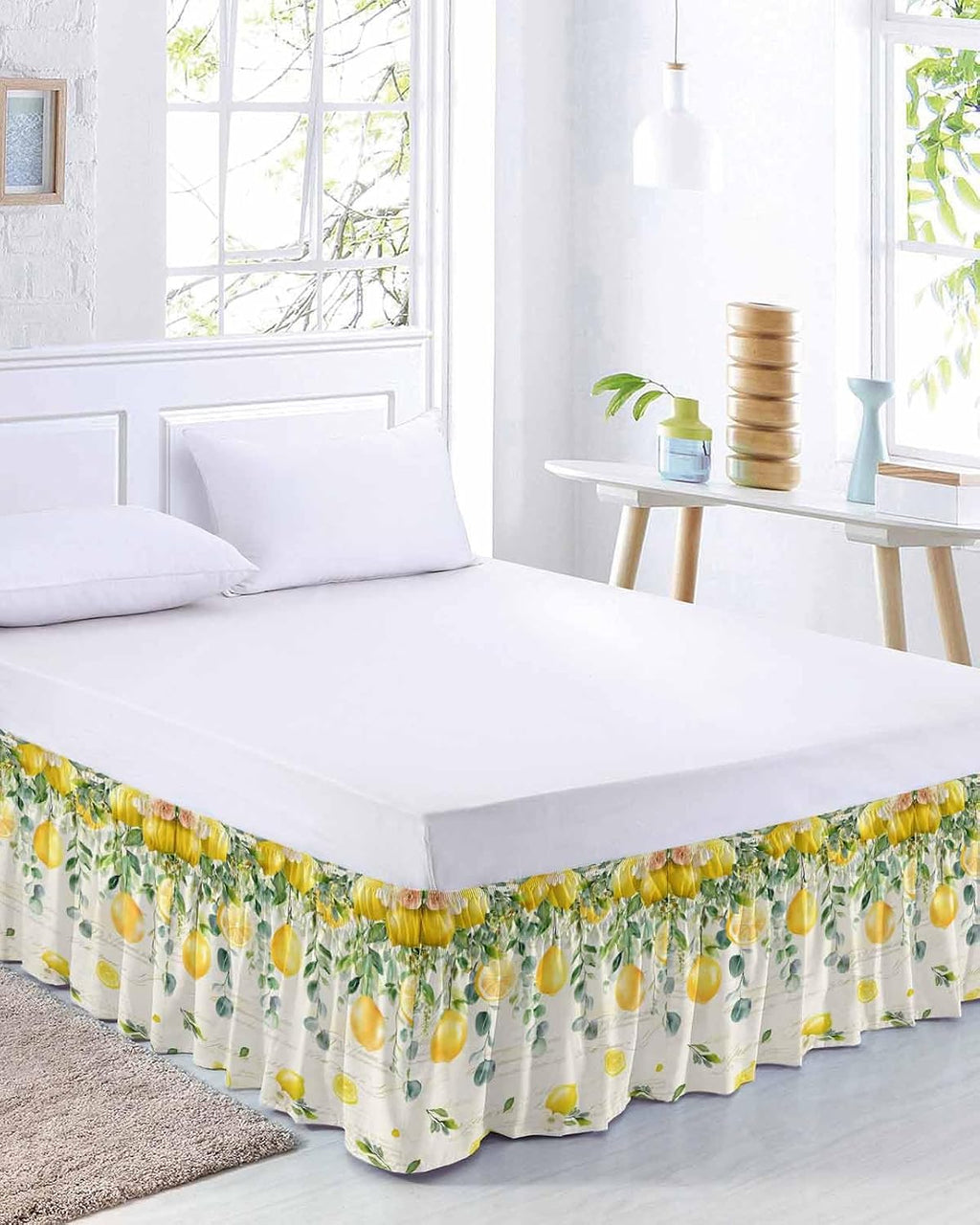 Watercolor Lemon Bed Skirt Queen Size 16 Inch Drop, Adjustable Elastic Wrap Around Bed Skirts Easy Fitting Dust Ruffle Bedskirt Bed Frame Cover Eucalyptus Leaf Fruit Yellow Flower
