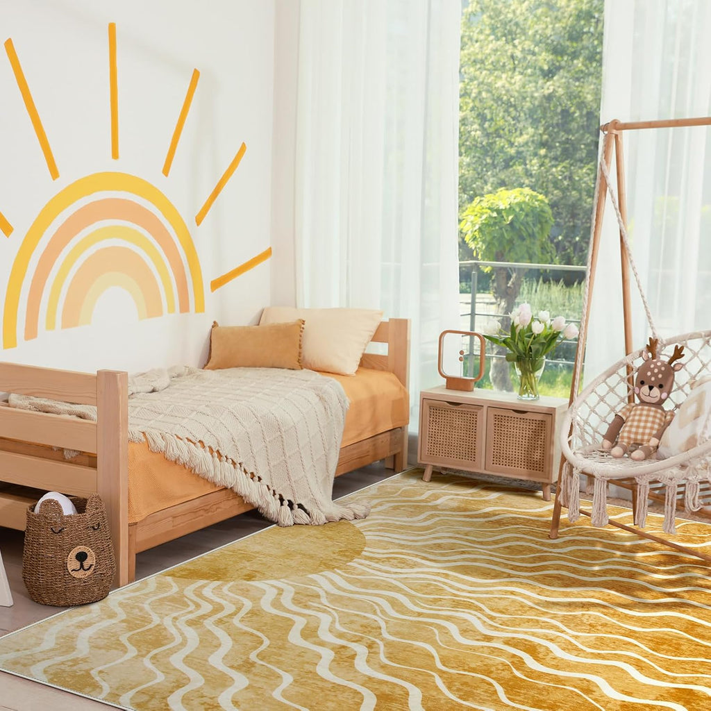 Sun 5x7 Area Rug, Boho Ombre Yellow Bedroom Rug Machine Washable Carpet, Ultra Thin Soft Non Slip Mid Century Nursery Carpet for Kids Room Living Room Playroom Classroom Decor