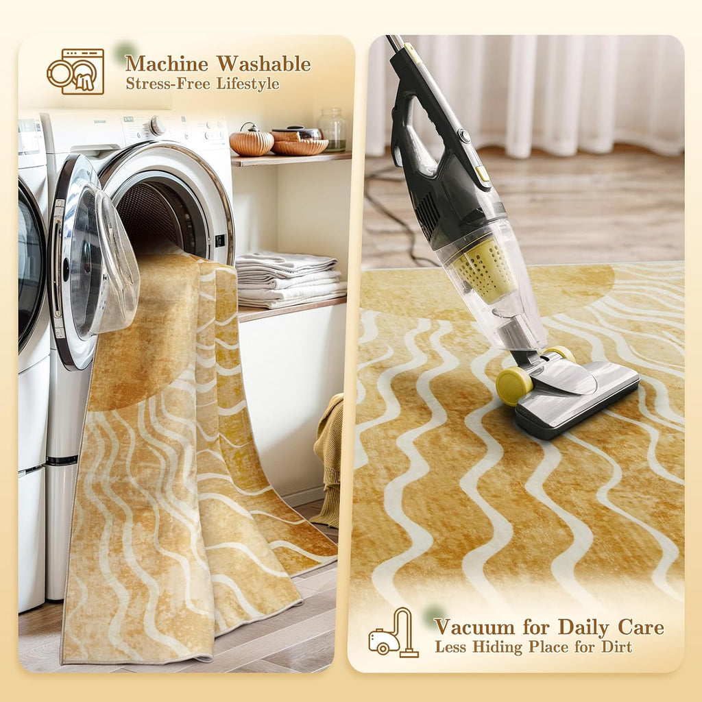 Sun 5x7 Area Rug, Boho Ombre Yellow Bedroom Rug Machine Washable Carpet, Ultra Thin Soft Non Slip Mid Century Nursery Carpet for Kids Room Living Room Playroom Classroom Decor