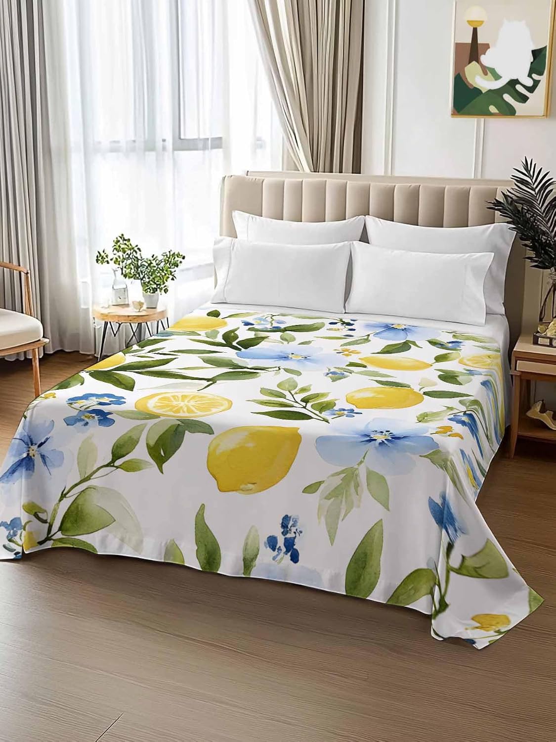 Flat Sheets Queen Size Bedding Sheet,Watercolor Lemon Floral Leaves Soft Microfiber Breathable Top Sheets for Bedroom Hotel Luxury-1 Bed Flat Sheet Only,Yellow Blue White