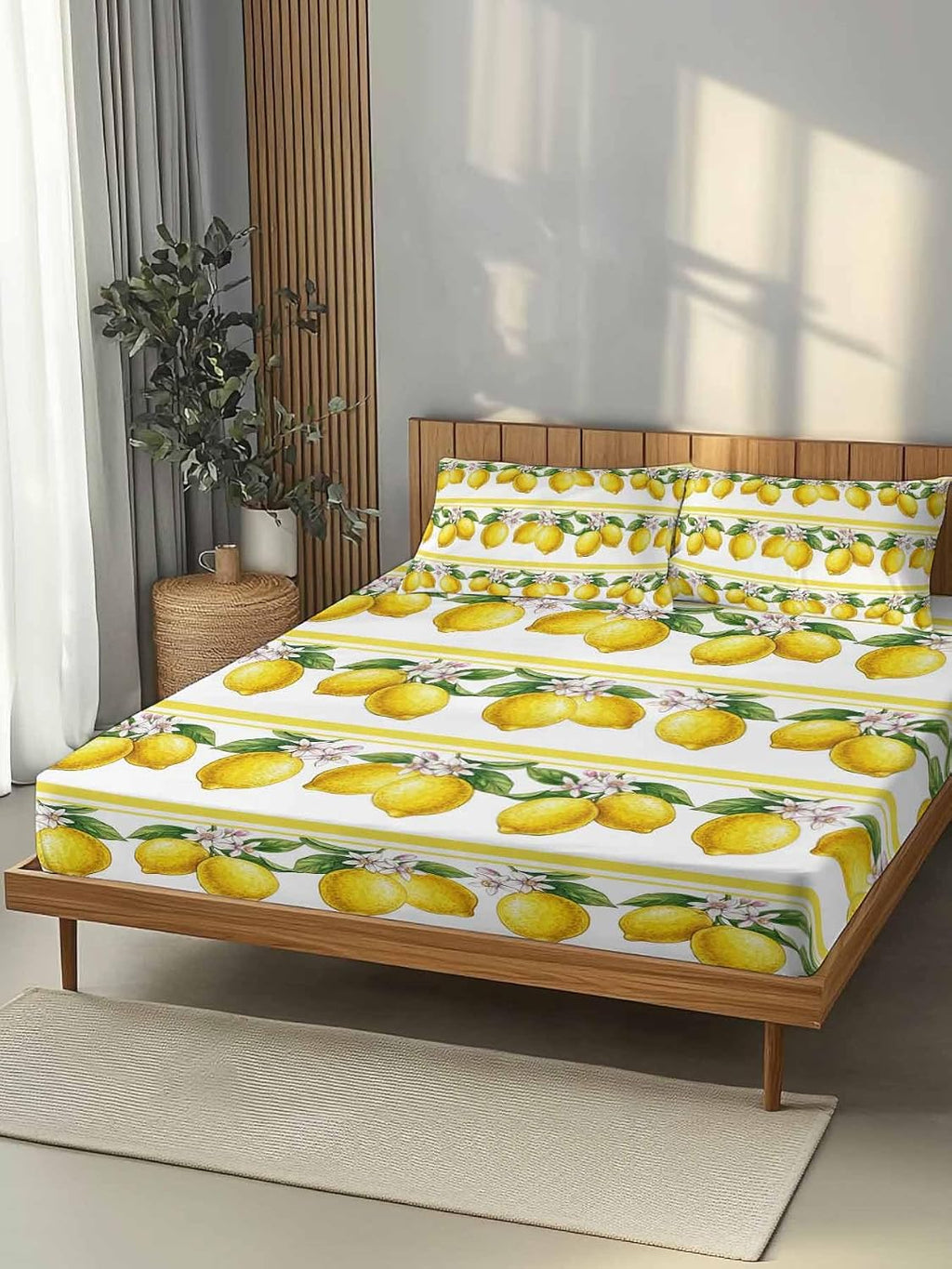 3 Pieces Twin Fitted Sheet Set, Summer Lemon Flower Leaf Deep Pocket Up to 16", Yellow Fruit Minimalist Stripe Soft Elastic Bed Sheets and Pillow Cases Secure Fit