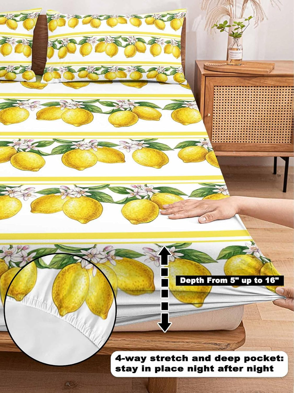 3 Pieces Twin Fitted Sheet Set, Summer Lemon Flower Leaf Deep Pocket Up to 16", Yellow Fruit Minimalist Stripe Soft Elastic Bed Sheets and Pillow Cases Secure Fit