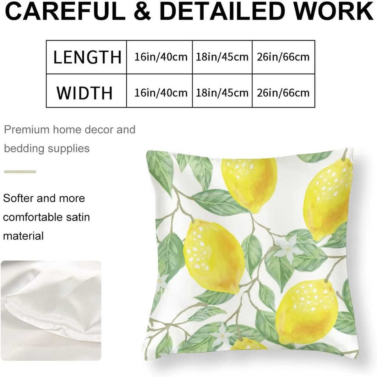 Couch Pillows 16"x16" Lemon Bliss Satin Modern Cushion Case Yellow Lemon Throw Pillow Covers Zippered Pillow Case Farmhouse Rustic Cushion Case for Sofa Couch Soft Cooling Printed Pillow Cases