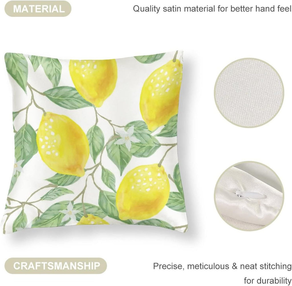 Couch Pillows 16"x16" Lemon Bliss Satin Modern Cushion Case Yellow Lemon Throw Pillow Covers Zippered Pillow Case Farmhouse Rustic Cushion Case for Sofa Couch Soft Cooling Printed Pillow Cases