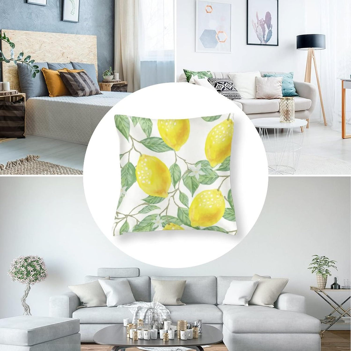 Couch Pillows 16"x16" Lemon Bliss Satin Modern Cushion Case Yellow Lemon Throw Pillow Covers Zippered Pillow Case Farmhouse Rustic Cushion Case for Sofa Couch Soft Cooling Printed Pillow Cases