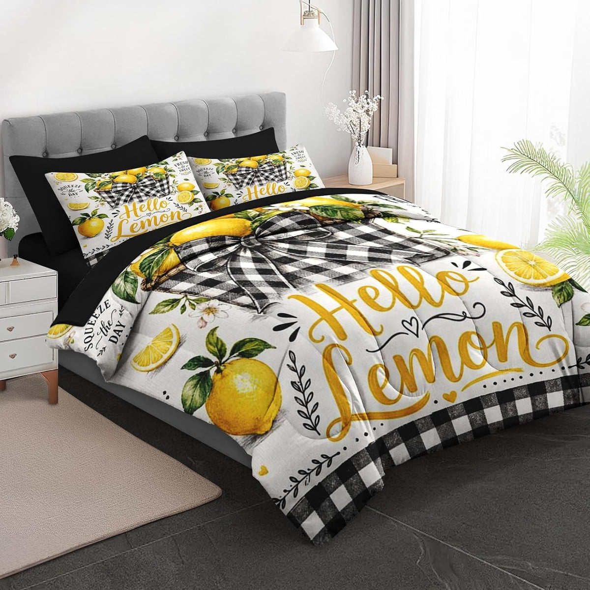 Full Comforter Set, 7 Pieces Lemon Farmhouse Bedding Set