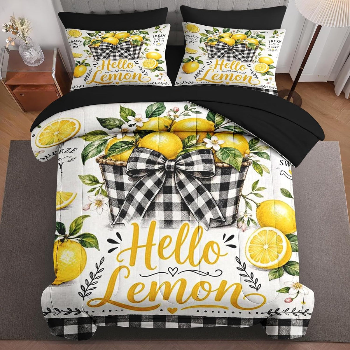 Full Comforter Set, 7 Pieces Lemon Farmhouse Bedding Set