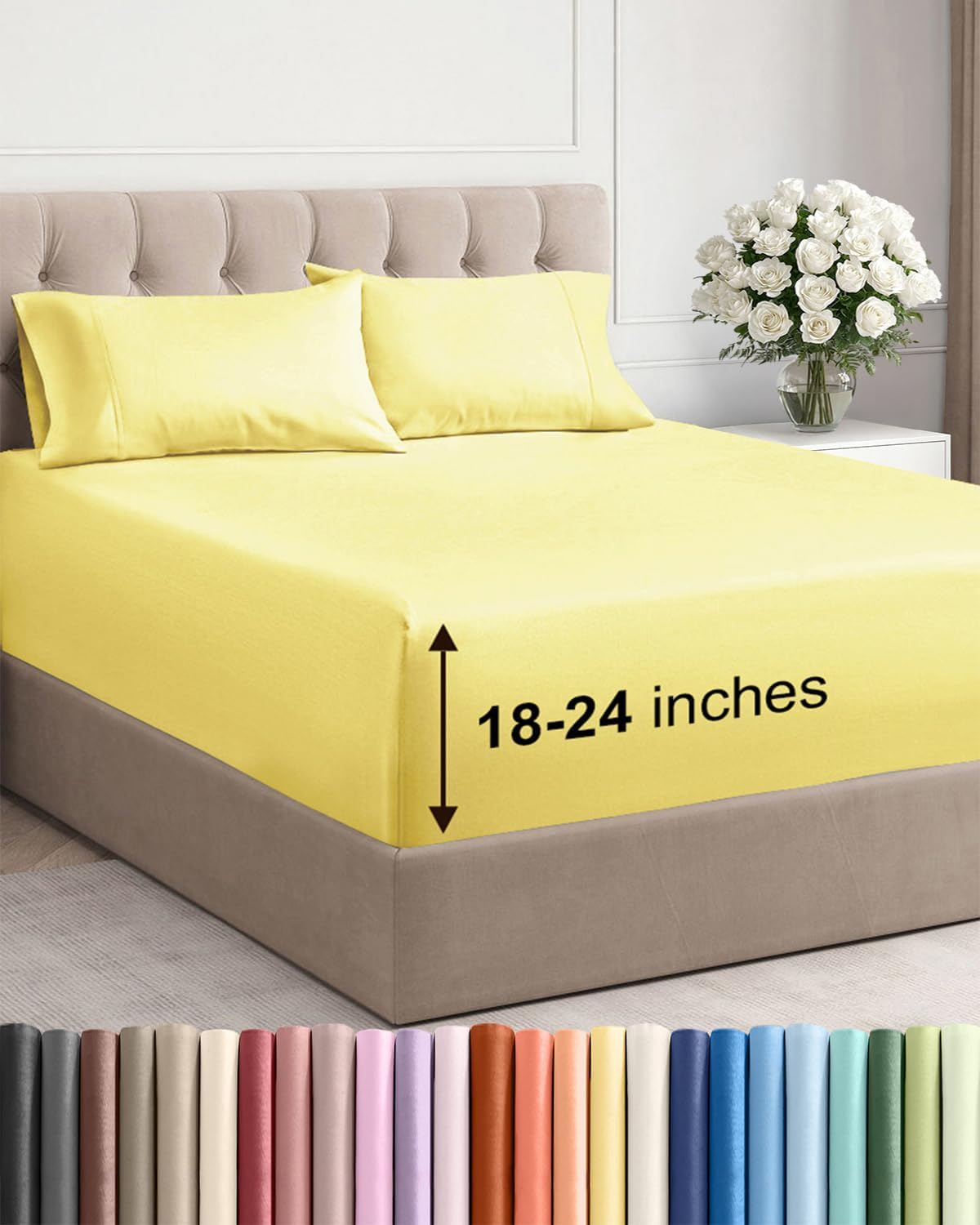 Extra Deep Queen Sheet Set - 4 Piece Breathable & Cooling Sheets - Yellow