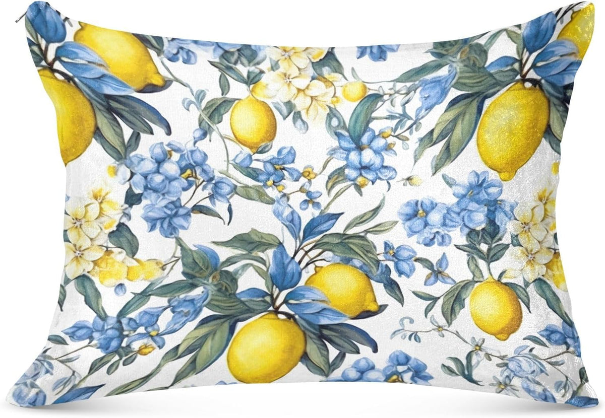 Pillowcases Standard Size, Yellow Lemons with Blue Flowers Pillowcase Protectors Soft Pillow Case with Zipper for Couch Bed Sofa Car 20"x26"