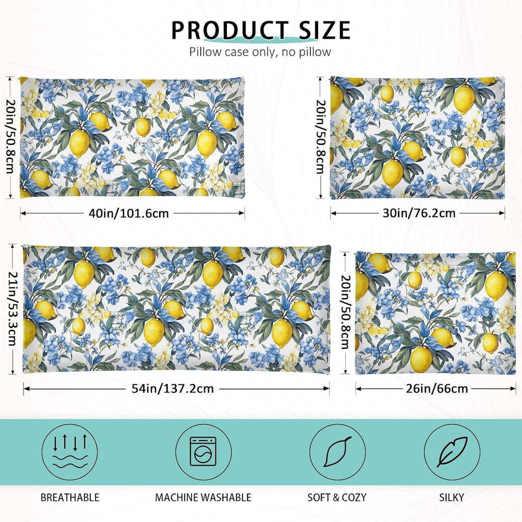 Pillowcases Standard Size, Yellow Lemons with Blue Flowers Pillowcase Protectors Soft Pillow Case with Zipper for Couch Bed Sofa Car 20"x26"