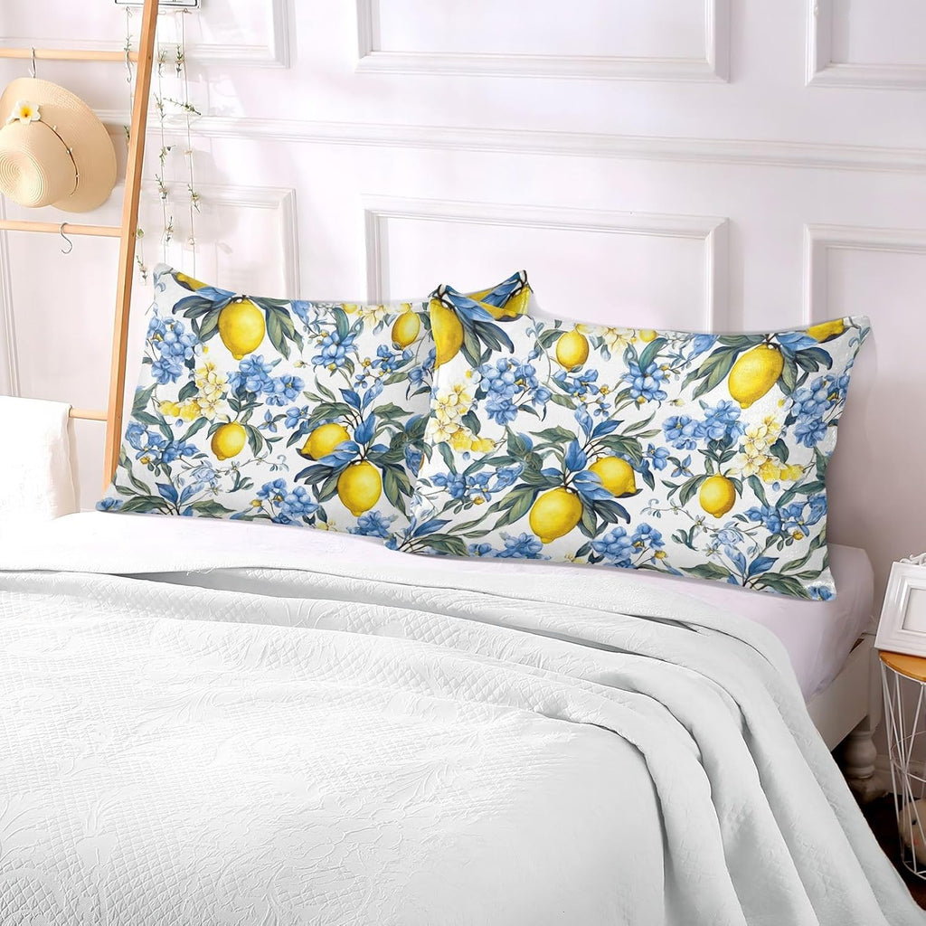 Pillowcases Standard Size, Yellow Lemons with Blue Flowers Pillowcase Protectors Soft Pillow Case with Zipper for Couch Bed Sofa Car 20"x26"