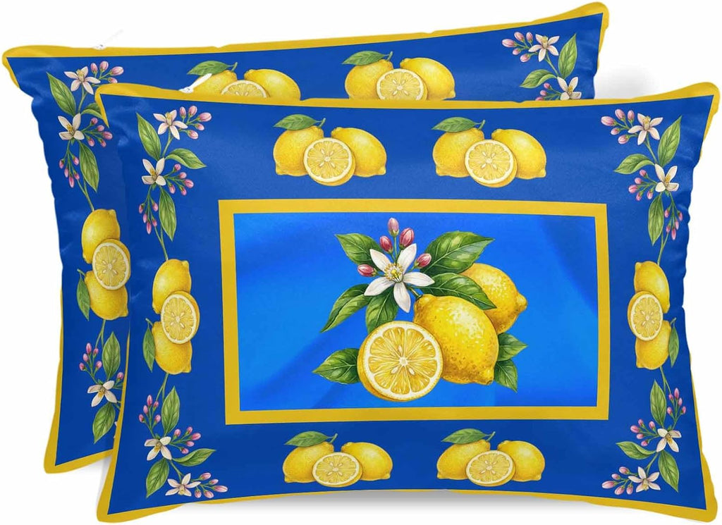 Satin Pillowcases Queen Size, Yellow Lemons Silk Pillow Cases for Hair and Skin with Zipper 2 Pack, Summer Botanical Blue Modern Art Smooth Throw Pillow Covers for Sleeping, 20"x30"
