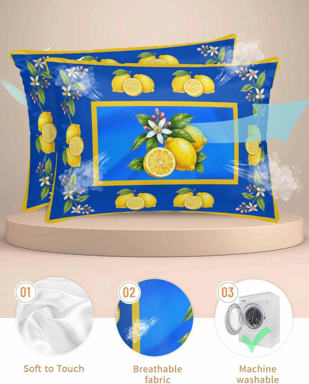 Satin Pillowcases Queen Size, Yellow Lemons Silk Pillow Cases for Hair and Skin with Zipper 2 Pack, Summer Botanical Blue Modern Art Smooth Throw Pillow Covers for Sleeping, 20"x30"