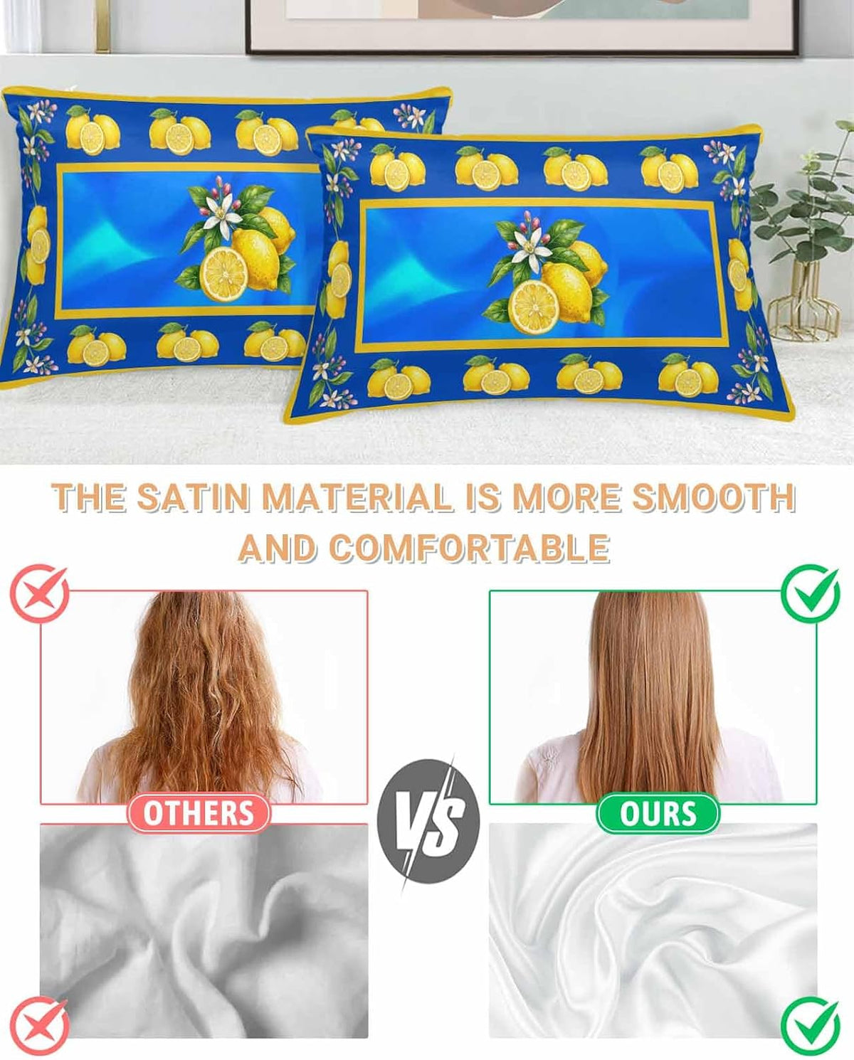 Satin Pillowcases Queen Size, Yellow Lemons Silk Pillow Cases for Hair and Skin with Zipper 2 Pack, Summer Botanical Blue Modern Art Smooth Throw Pillow Covers for Sleeping, 20"x30"