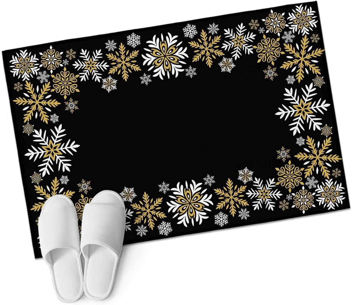 Retro Yellow Snowflake Washable Small Entryway Area Rugs 2'x3', Winter Christmas Black Background Low Pile Throw Rug Non-Slip Sturdy Edge Binding Carpet for Front Door Floor Room Entry