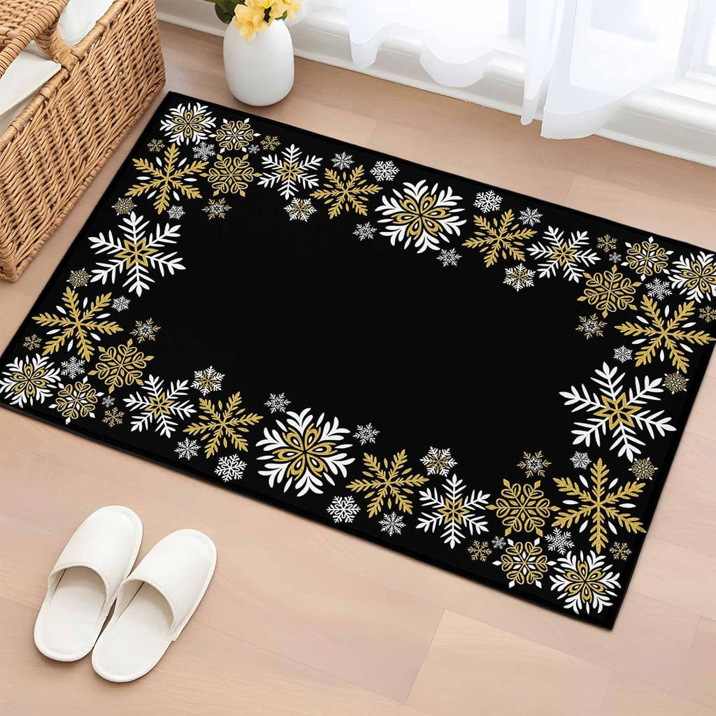 Retro Yellow Snowflake Washable Small Entryway Area Rugs 2'x3', Winter Christmas Black Background Low Pile Throw Rug Non-Slip Sturdy Edge Binding Carpet for Front Door Floor Room Entry