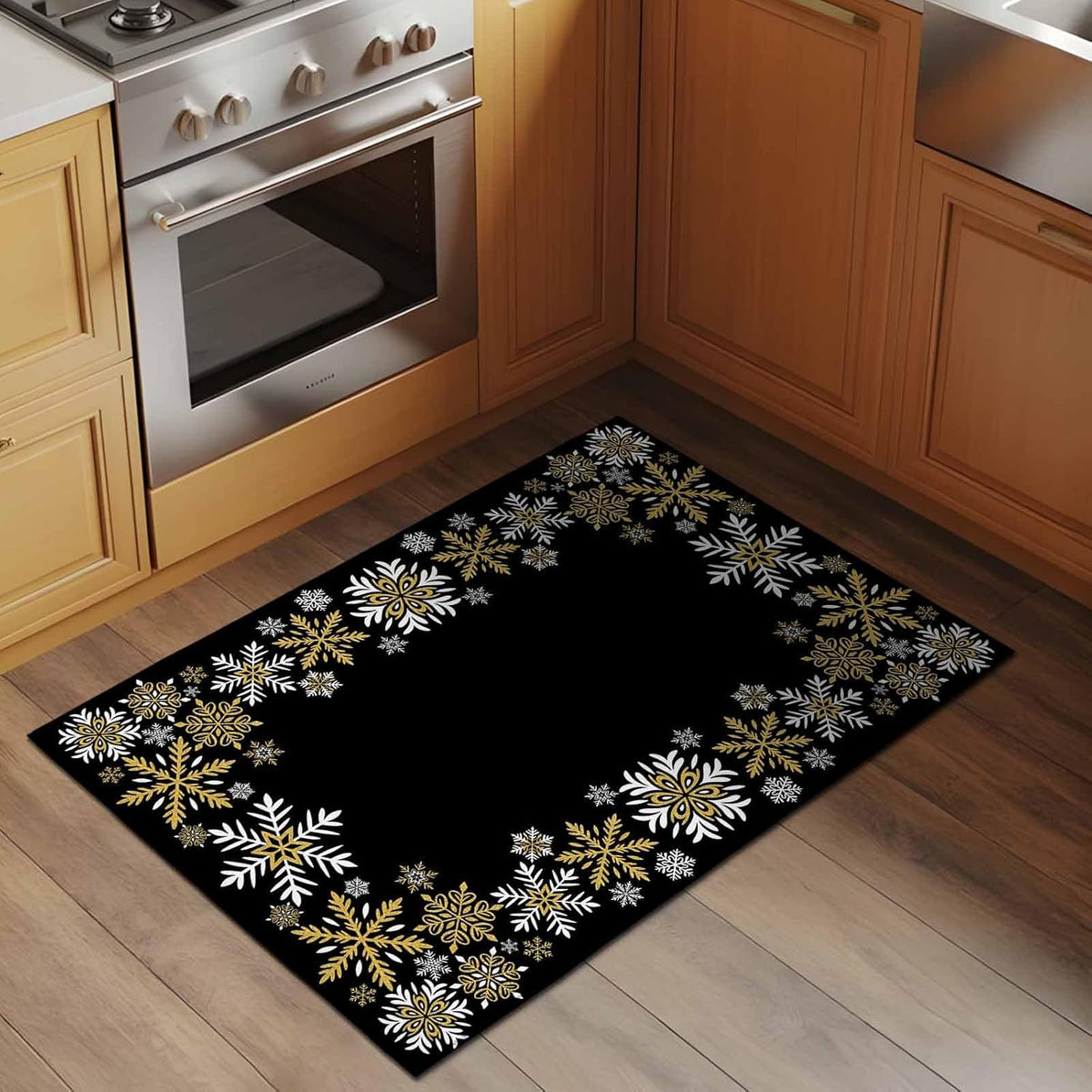 Retro Yellow Snowflake Washable Small Entryway Area Rugs 2'x3', Winter Christmas Black Background Low Pile Throw Rug Non-Slip Sturdy Edge Binding Carpet for Front Door Floor Room Entry