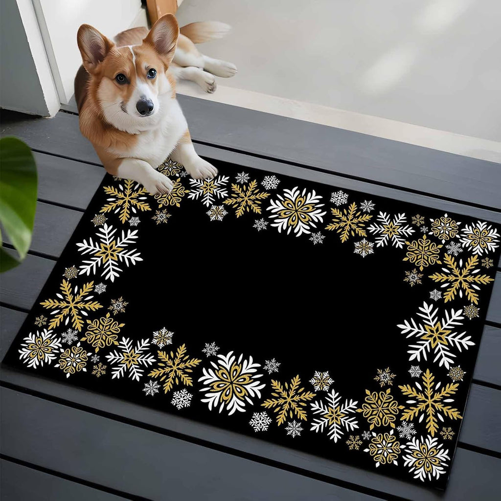 Retro Yellow Snowflake Washable Small Entryway Area Rugs 2'x3', Winter Christmas Black Background Low Pile Throw Rug Non-Slip Sturdy Edge Binding Carpet for Front Door Floor Room Entry