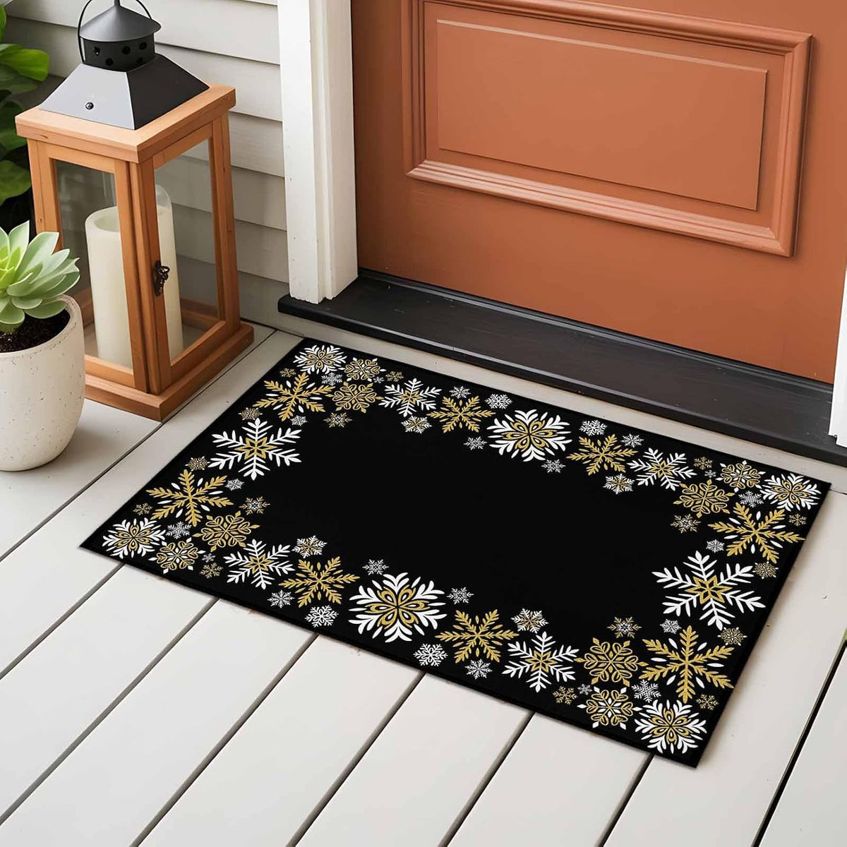 Retro Yellow Snowflake Washable Small Entryway Area Rugs 2'x3', Winter Christmas Black Background Low Pile Throw Rug Non-Slip Sturdy Edge Binding Carpet for Front Door Floor Room Entry