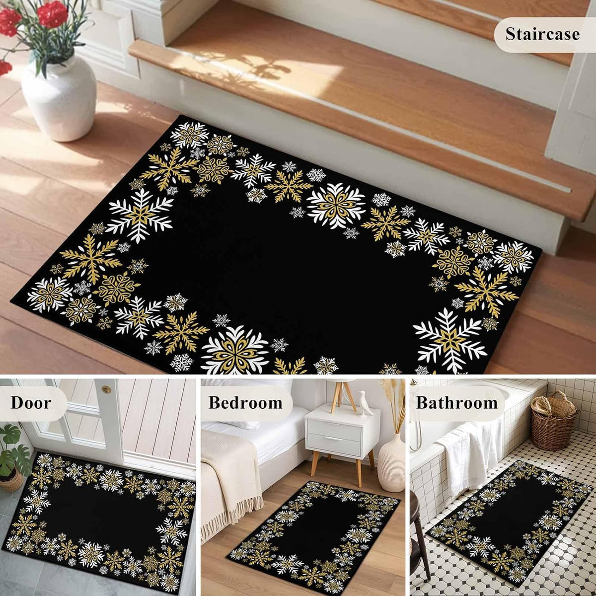Retro Yellow Snowflake Washable Small Entryway Area Rugs 2'x3', Winter Christmas Black Background Low Pile Throw Rug Non-Slip Sturdy Edge Binding Carpet for Front Door Floor Room Entry