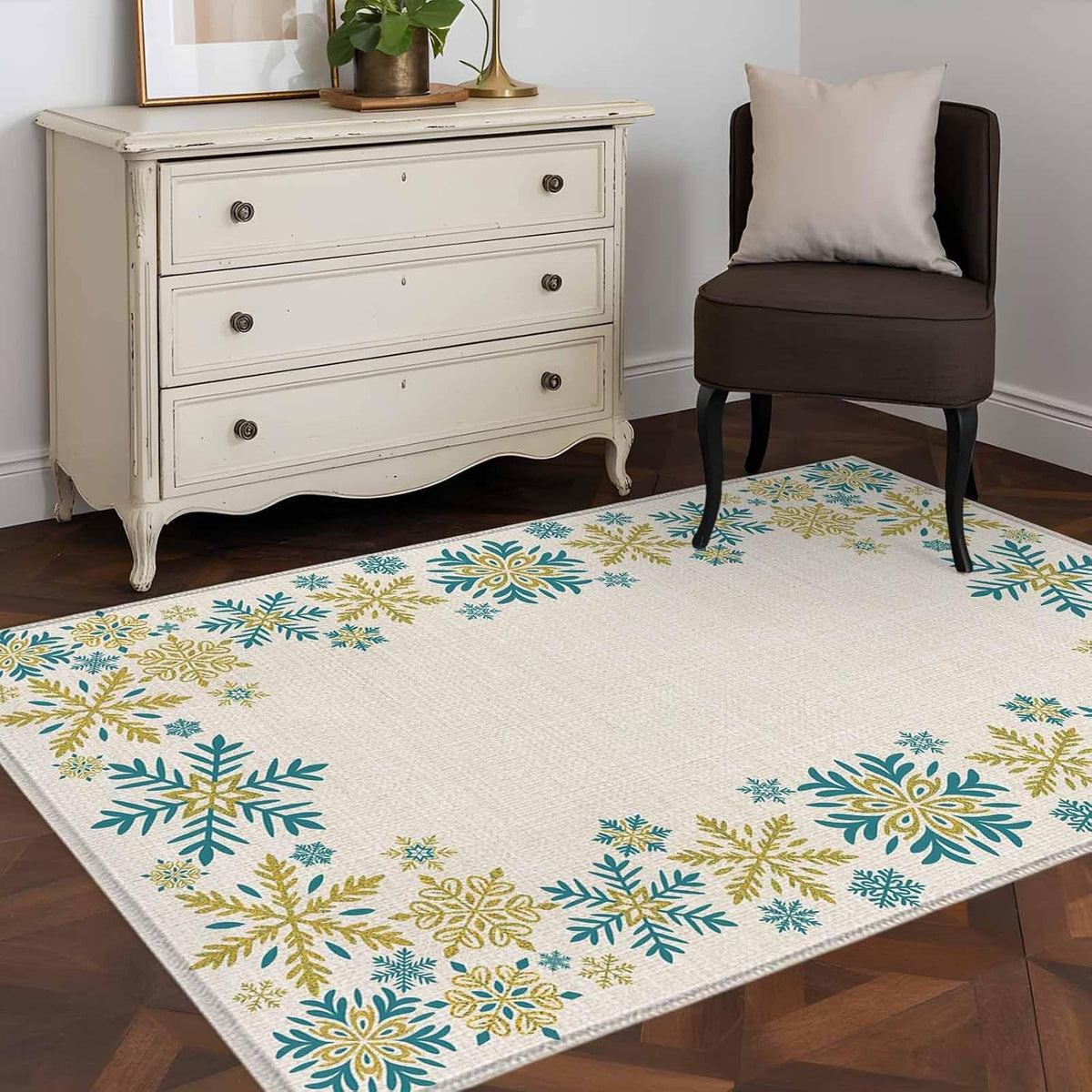 Retro Yellow Snowflake 4x6 Area Rugs for Living Room, Winter Christmas Abstract Art Non Slip Floor Mat Washable Low-Profile Indoor Carpet for Bedroom, Dining Room, Bathroom