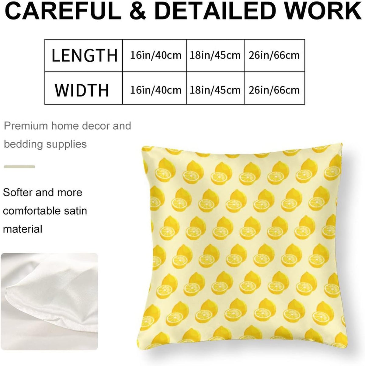 Yellow Sweet Lemon Satin Square Throw Pillow Covers Summer Lemon Throw Pillow Cover Square Hidden Zipper 16"x16" Outdoor Pillow Covers Home Decor Throw Pillows Cover Cooling Pillow case