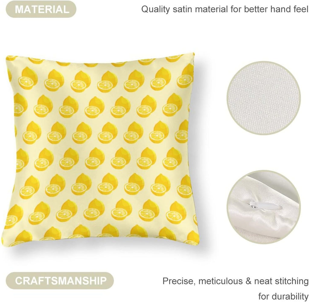 Yellow Sweet Lemon Satin Square Throw Pillow Covers Summer Lemon Throw Pillow Cover Square Hidden Zipper 16"x16" Outdoor Pillow Covers Home Decor Throw Pillows Cover Cooling Pillow case