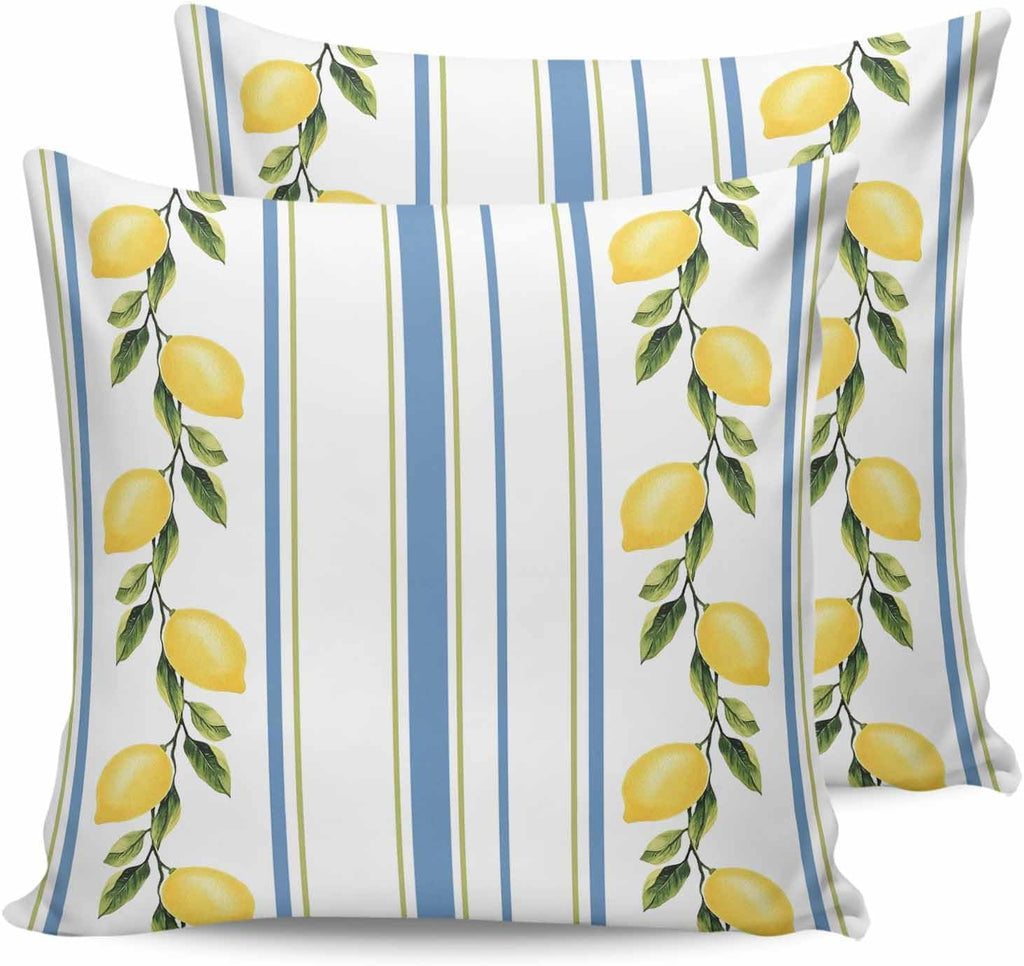 Lemon Striped 2PCS Throw Pillow Covers for Couch Sofa Bed, Yellow Fruit Blue White Pillow Covers 18x18 inch, Standard Pillowcases Set Decorative Cushion Covers for Living Room Bedroom