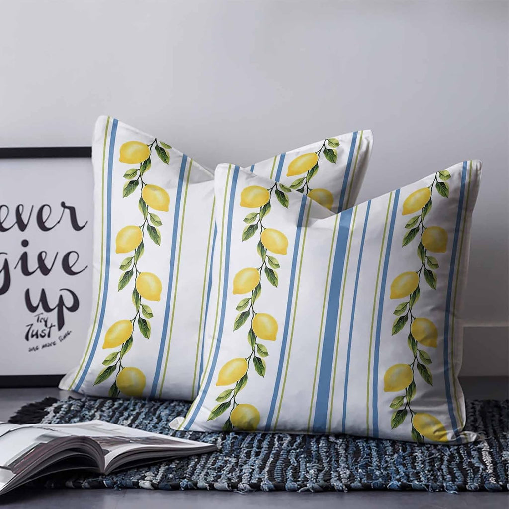 Lemon Striped 2PCS Throw Pillow Covers for Couch Sofa Bed, Yellow Fruit Blue White Pillow Covers 18x18 inch, Standard Pillowcases Set Decorative Cushion Covers for Living Room Bedroom