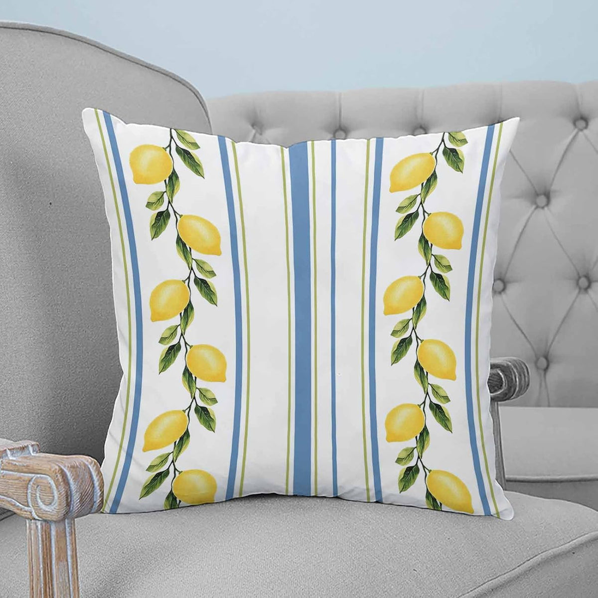 Lemon Striped 2PCS Throw Pillow Covers for Couch Sofa Bed, Yellow Fruit Blue White Pillow Covers 18x18 inch, Standard Pillowcases Set Decorative Cushion Covers for Living Room Bedroom