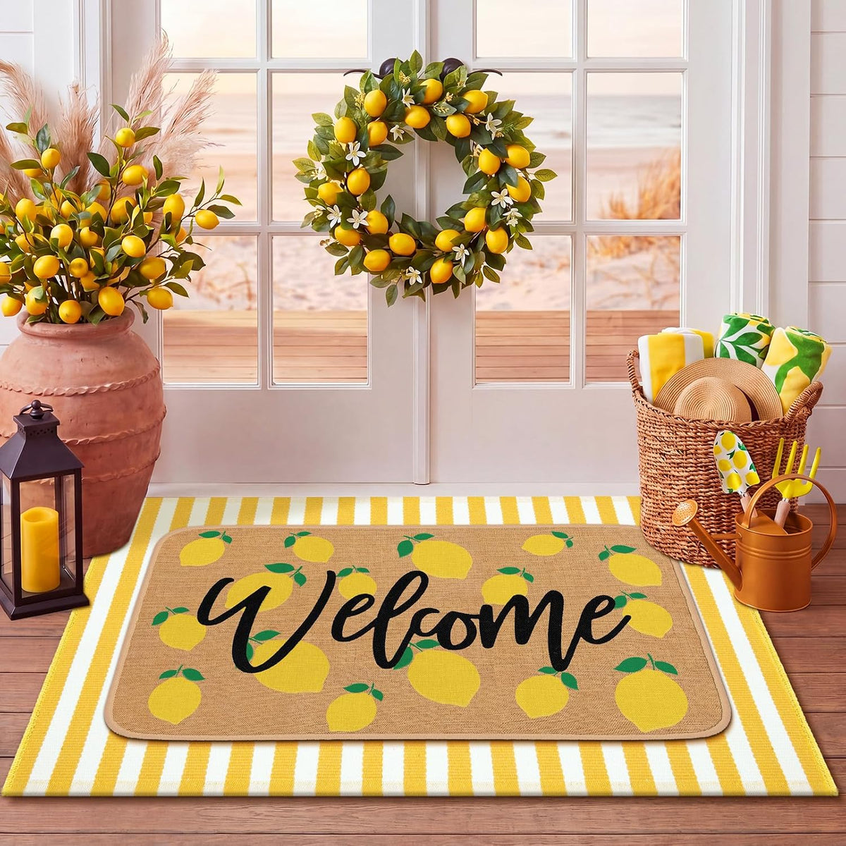 2 Pcs Summer Lemon Welcome Door Mats Outdoor