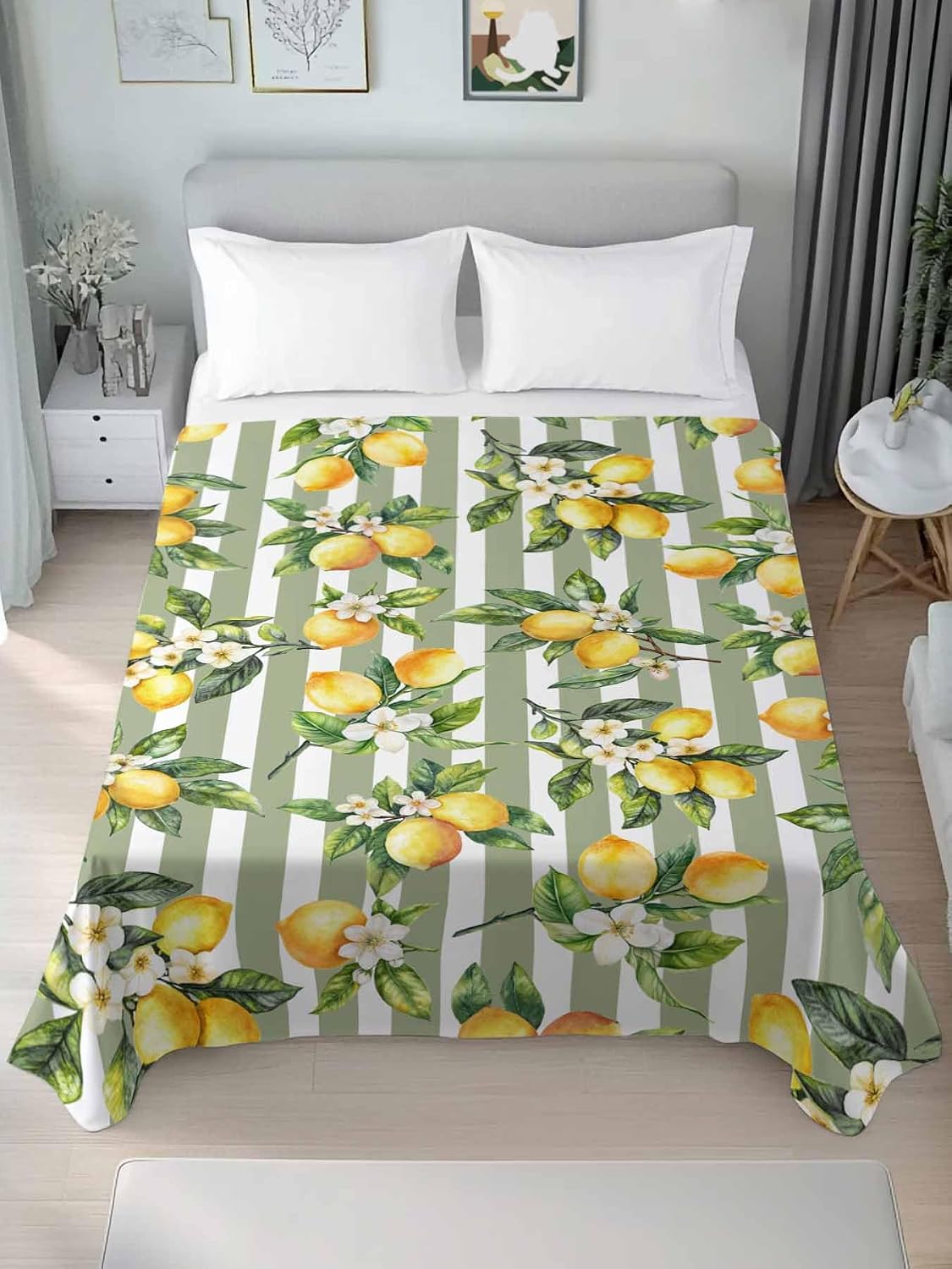 Twin Flat Sheet Only,Vintage Farm Lemon Flowers Top Sheet Breathable Soft Brushed Polyester Microfiber Bed Sheets,Yellow Fruit on Sage Green Stripe Hotel Luxury Bedding Sheets for Women,Men,Teens
