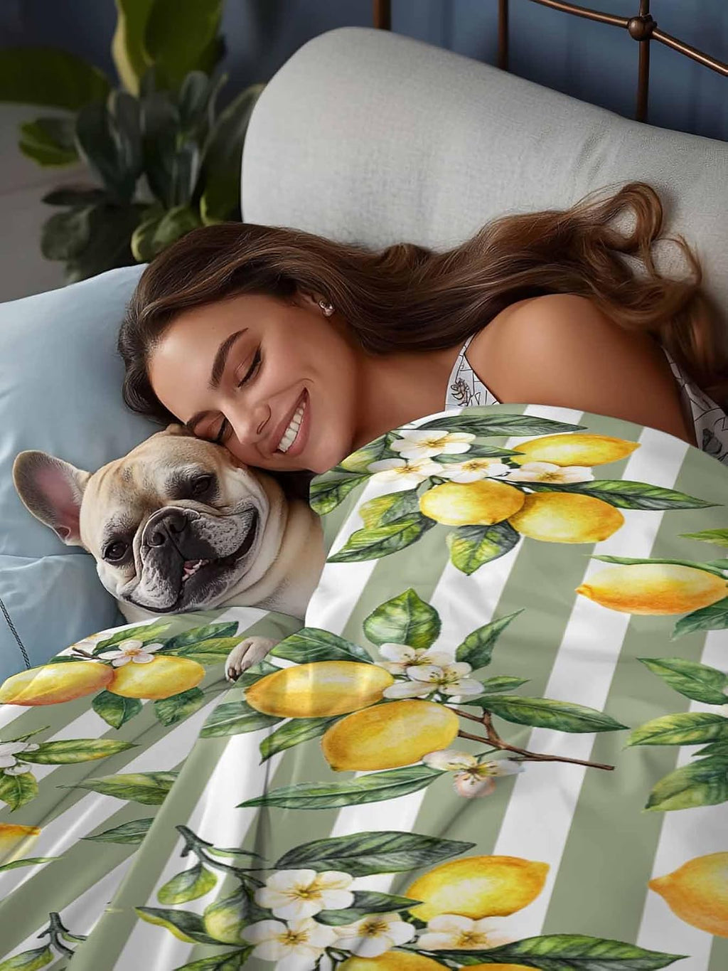 Twin Flat Sheet Only,Vintage Farm Lemon Flowers Top Sheet Breathable Soft Brushed Polyester Microfiber Bed Sheets,Yellow Fruit on Sage Green Stripe Hotel Luxury Bedding Sheets for Women,Men,Teens