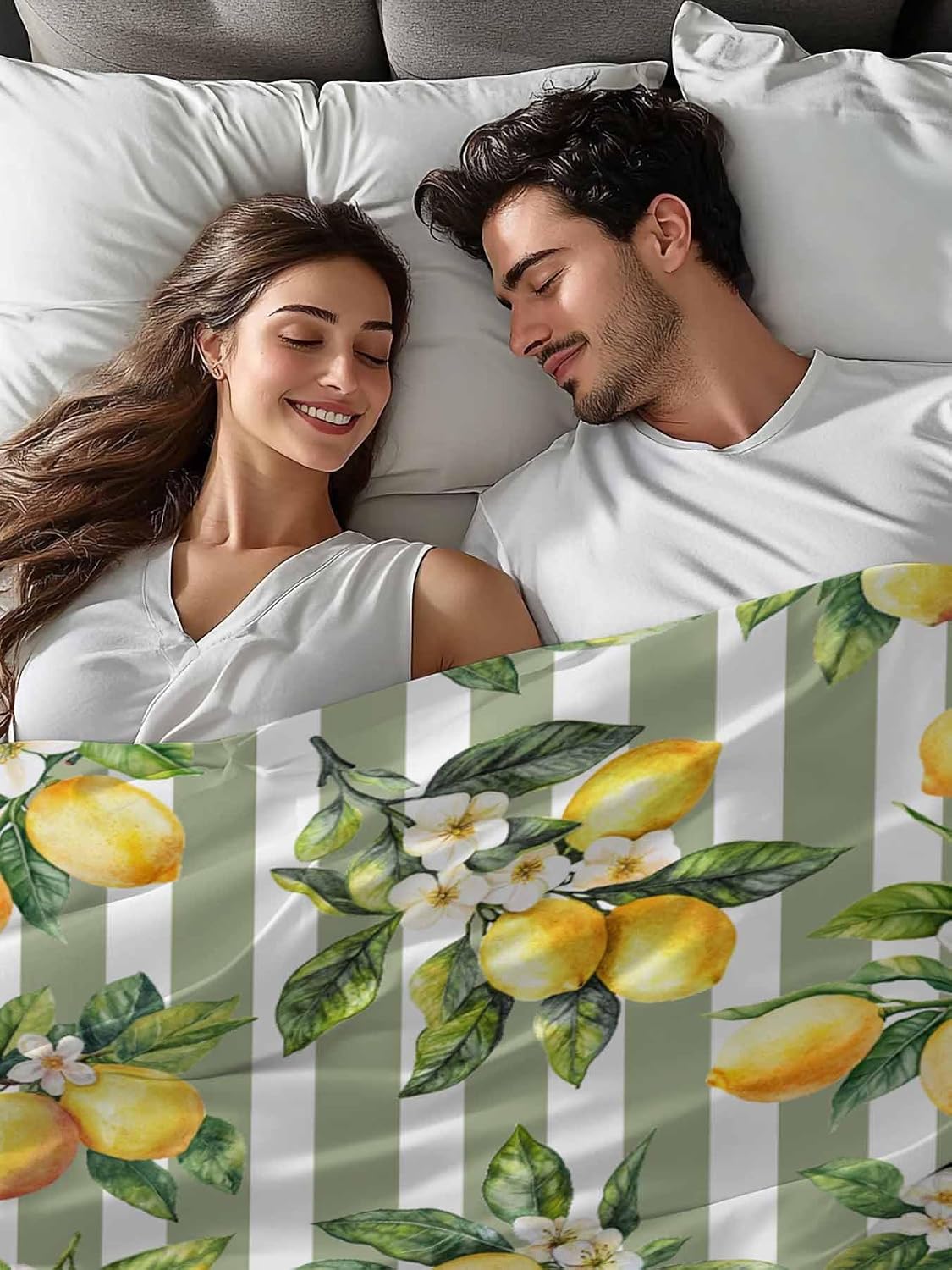 Twin Flat Sheet Only,Vintage Farm Lemon Flowers Top Sheet Breathable Soft Brushed Polyester Microfiber Bed Sheets,Yellow Fruit on Sage Green Stripe Hotel Luxury Bedding Sheets for Women,Men,Teens