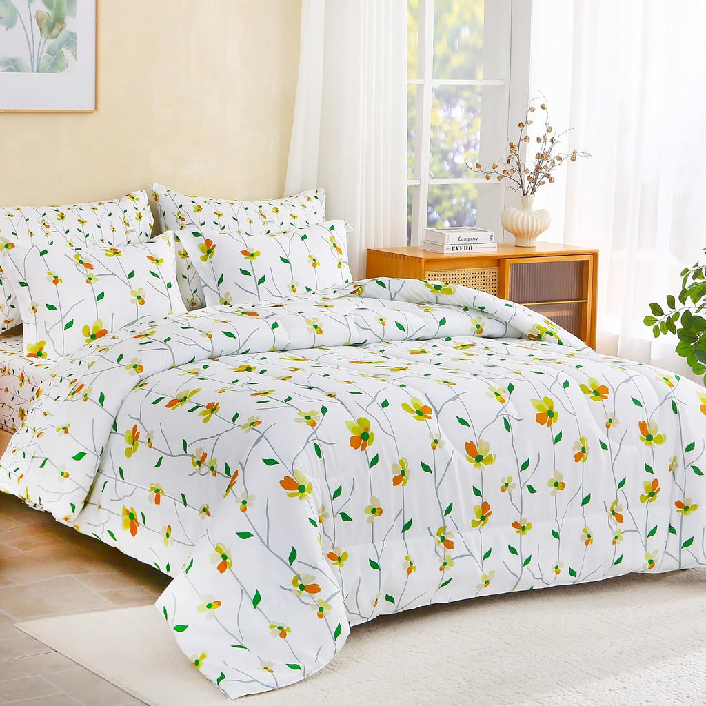 lasoftan Floral Queen Comforter Set with Sheets, 7 piece Luxury Vintage Bedding, Soft Microfiber Bed in a Bag, Cozy Lightweight Bed Set, Yellow Flower