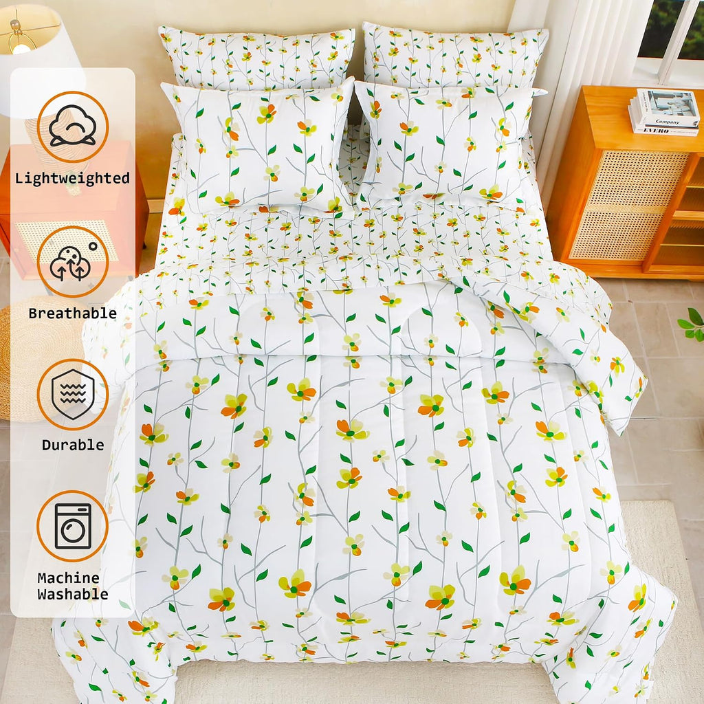 lasoftan Floral Queen Comforter Set with Sheets, 7 piece Luxury Vintage Bedding, Soft Microfiber Bed in a Bag, Cozy Lightweight Bed Set, Yellow Flower