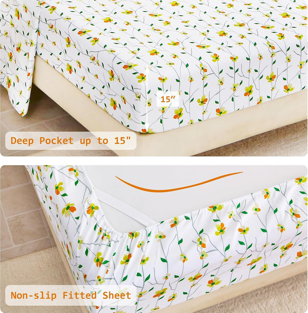lasoftan Floral Queen Comforter Set with Sheets, 7 piece Luxury Vintage Bedding, Soft Microfiber Bed in a Bag, Cozy Lightweight Bed Set, Yellow Flower