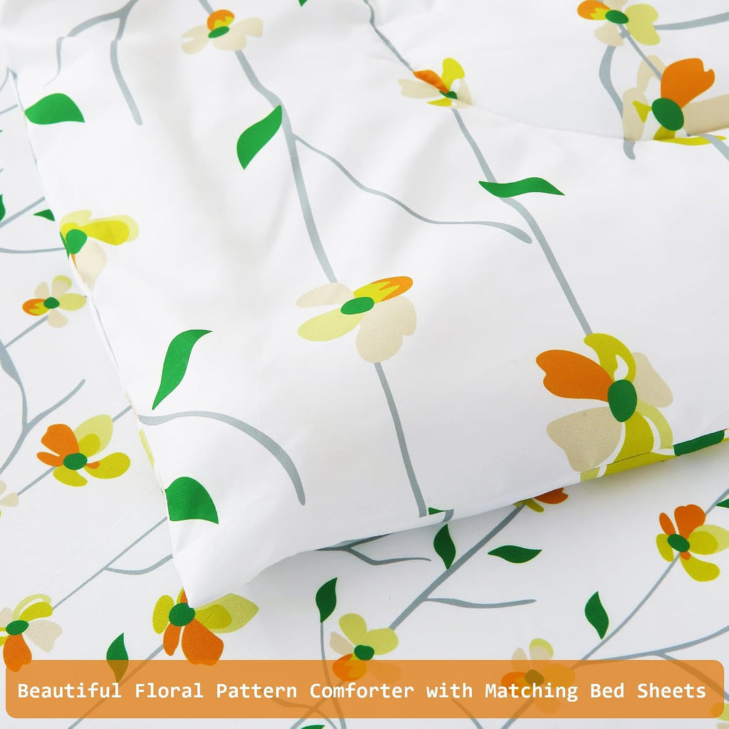 lasoftan Floral Queen Comforter Set with Sheets, 7 piece Luxury Vintage Bedding, Soft Microfiber Bed in a Bag, Cozy Lightweight Bed Set, Yellow Flower