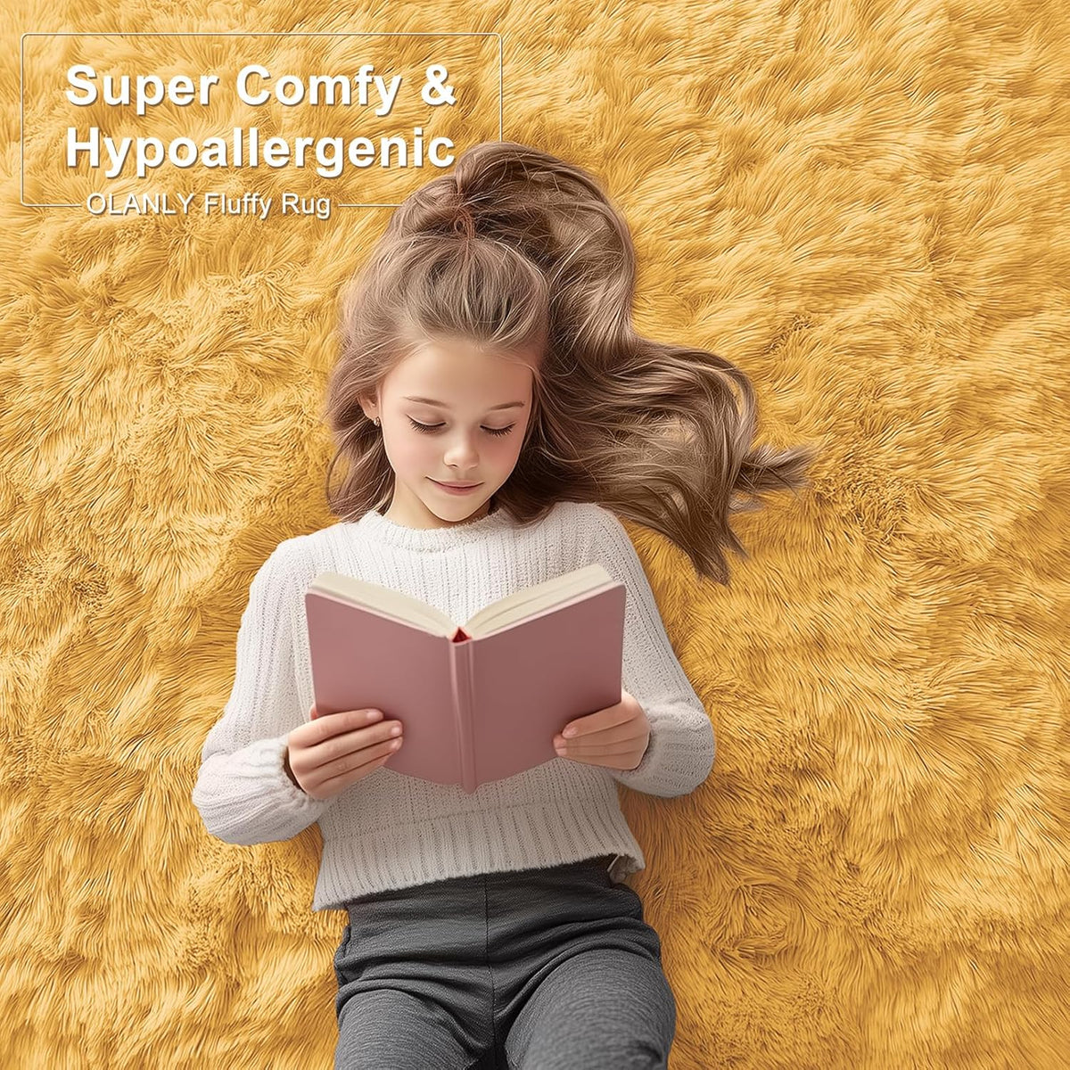 Area Rugs for Living Room Bedroom, Machine Washable 4x5.9 ft Soft Fluffy Shaggy Bedside Rug, Indoor Floor Carpet for Kids Girls and Boys, Dorms, Nursery Rooms, Home Decor, Mustard Yellow