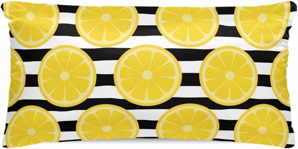Yellow Lemon Pillow Cases Cal King Size, Summer Botanical Fruits Black White Stripes Satin Pillowcase with Zipper for Hair/Skin, Decorative Pillow Covers for Bed/Couch/Sofa, 20x40 Inches