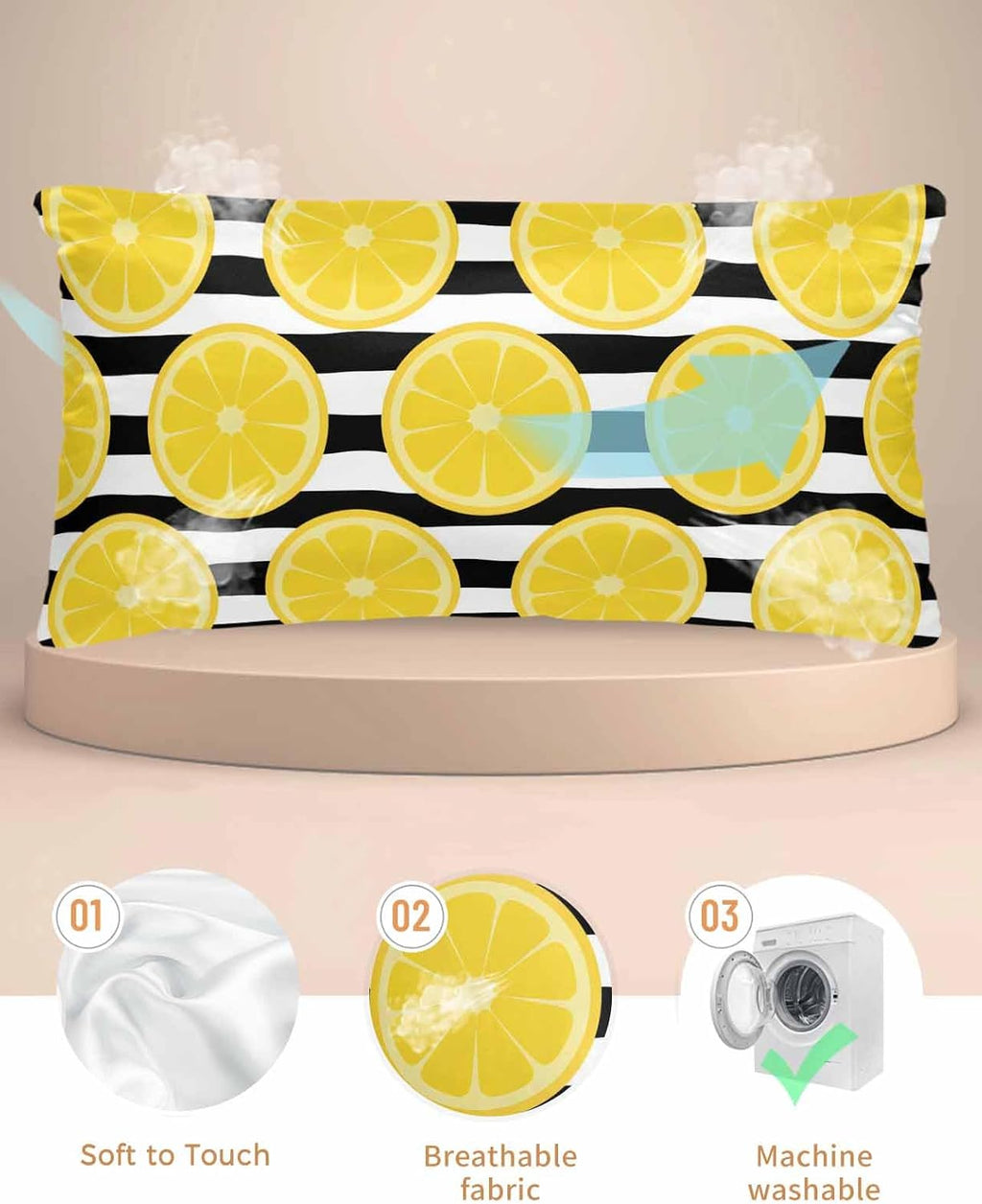 Yellow Lemon Pillow Cases Cal King Size, Summer Botanical Fruits Black White Stripes Satin Pillowcase with Zipper for Hair/Skin, Decorative Pillow Covers for Bed/Couch/Sofa, 20x40 Inches