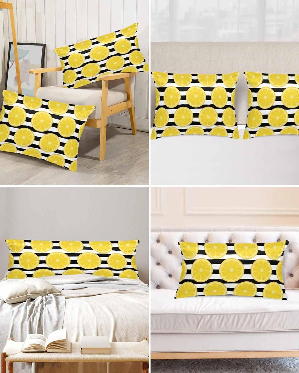 Yellow Lemon Pillow Cases Cal King Size, Summer Botanical Fruits Black White Stripes Satin Pillowcase with Zipper for Hair/Skin, Decorative Pillow Covers for Bed/Couch/Sofa, 20x40 Inches