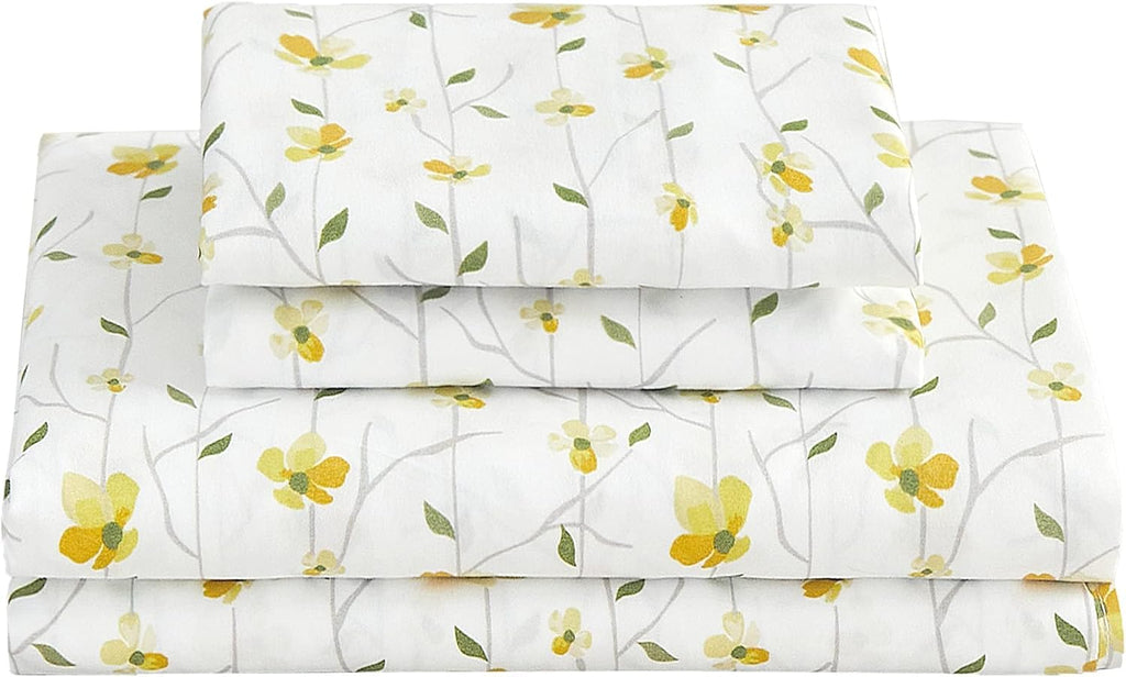 King Sheet Set Yellow Floral Bed Sheets Printed Sheets - 4 Piece Soft Microfiber Patterned Fitted Sheets King with 15" Deep Pocket and Corner Straps, Cute Yellow Flower Sheets & Pillowcase Set