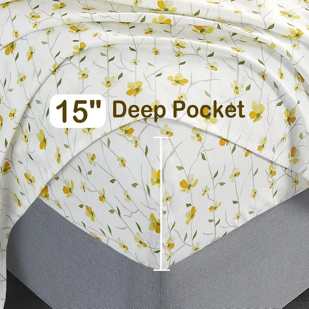 King Sheet Set Yellow Floral Bed Sheets Printed Sheets - 4 Piece Soft Microfiber Patterned Fitted Sheets King with 15" Deep Pocket and Corner Straps, Cute Yellow Flower Sheets & Pillowcase Set