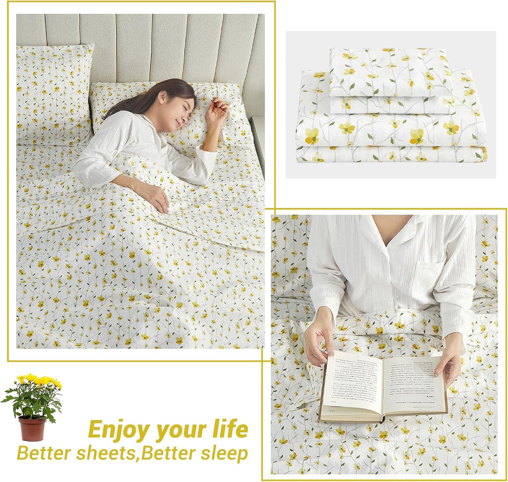 King Sheet Set Yellow Floral Bed Sheets Printed Sheets - 4 Piece Soft Microfiber Patterned Fitted Sheets King with 15" Deep Pocket and Corner Straps, Cute Yellow Flower Sheets & Pillowcase Set