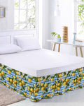 Yellow Lemon Bed Skirt Queen Size 16 Inch Drop, Adjustable Elastic Wrap Around Bed Skirts Easy Fitting Dust Ruffle Bedskirt Bed Frame Cover Summer Fruit Rustic Blue Striped
