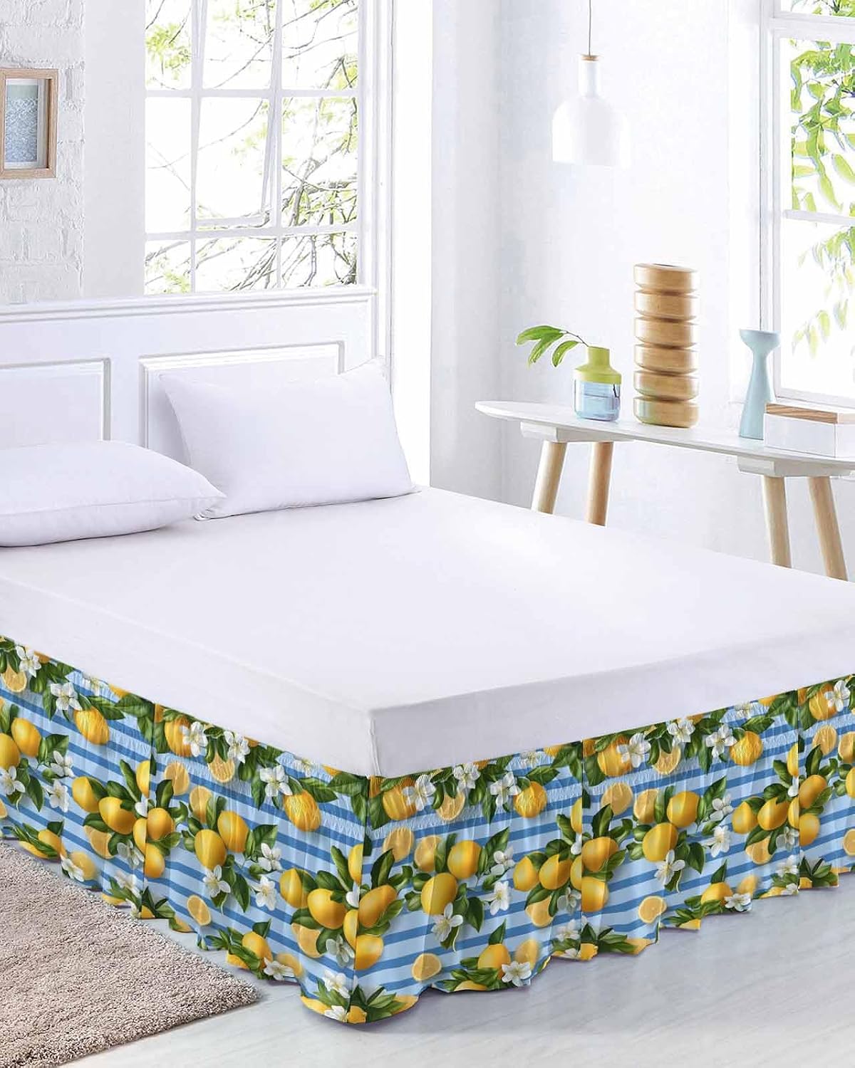 Yellow Lemon Bed Skirt Queen Size 16 Inch Drop, Adjustable Elastic Wrap Around Bed Skirts Easy Fitting Dust Ruffle Bedskirt Bed Frame Cover Summer Fruit Rustic Blue Striped